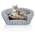Elevated Cushioned Willow Rattan Pet Basket Bed – Grey – Cotton/Wood/Polyester