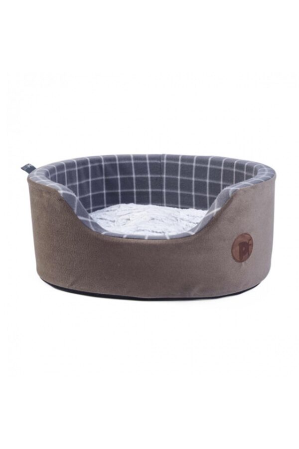 Petface Grey Check and Bamboo Oval Foam Bed - Brown - Polyester